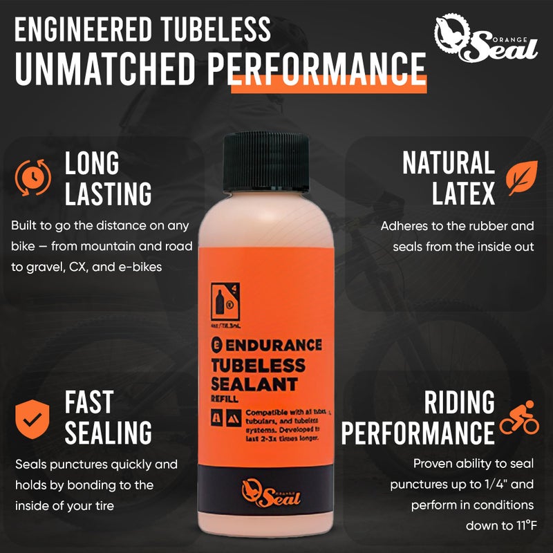 Orange Seal - Endurance Formula Tubeless Bike Tire Sealant| Long Lasting, Fast Sealing | for MTB, Road, CX and Gravel Bicycle Tires | 4oz Refill - Image 2